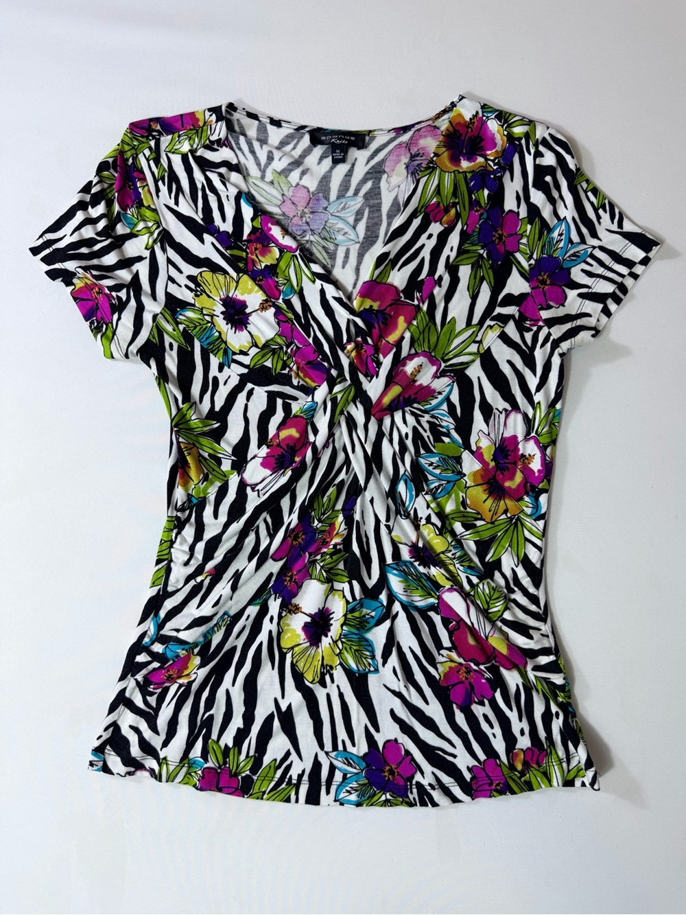 Spense Knits Floral Zebra Twist-Front Women's Top Pink Black White Women’s Med